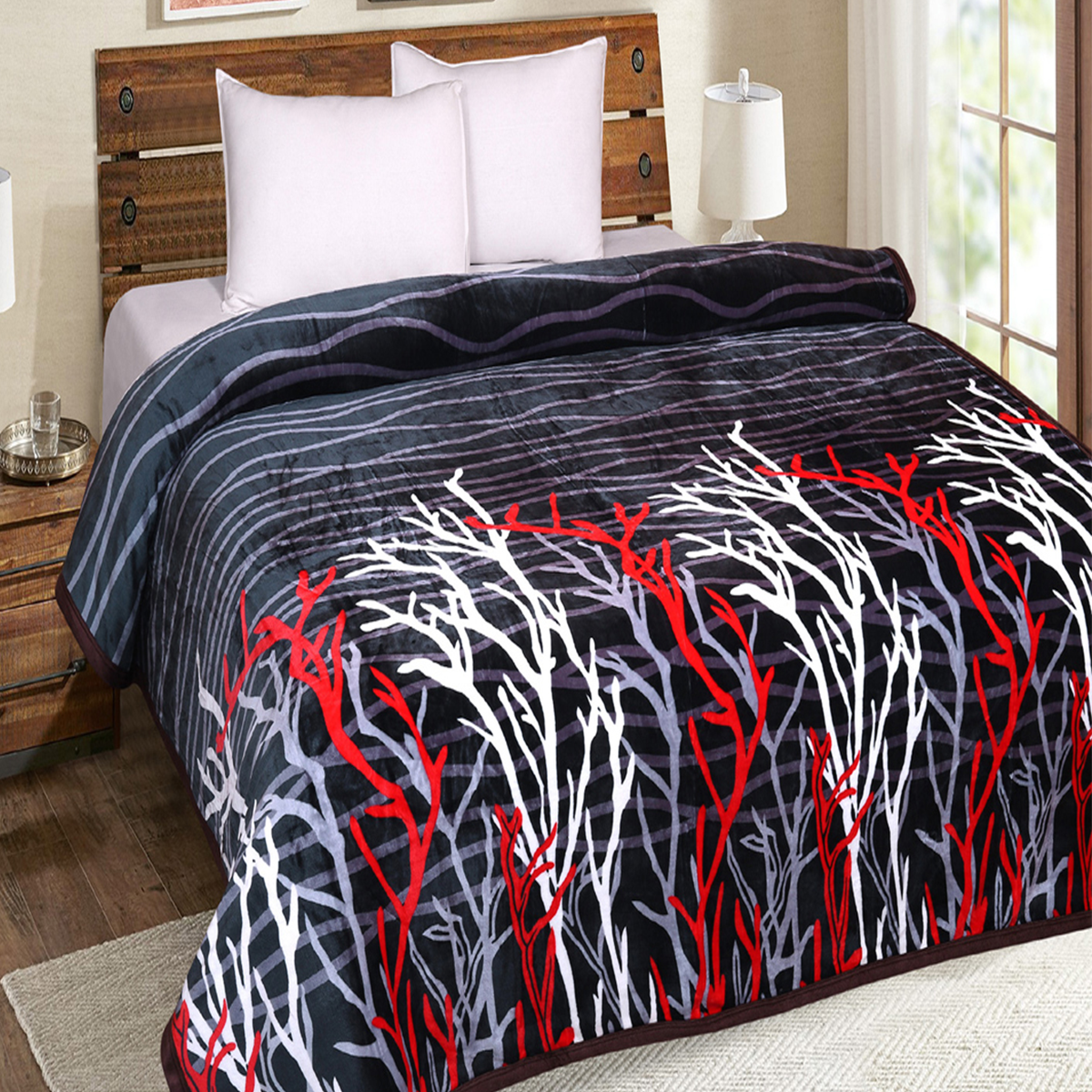 ELANZA SINGLE/DOUBLE BED FLANNEL BLANKET DARK GREY PRINT